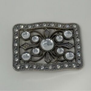 Vintage Silver Tone Rhinestone Belt Buckle Ornate Western Victorian Style